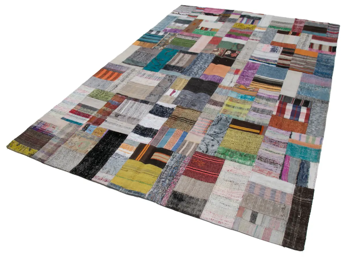 Chaput Patchwork Multi Renk Pamuk Üzerine Yün El Dokuma Kilim-200x300 - Görsel 3