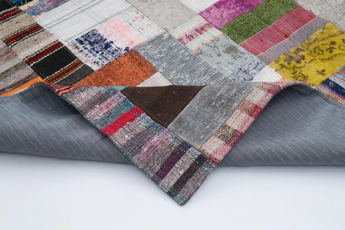 Chaput Patchwork Multi Renk Pamuk Üzerine Yün El Dokuma Kilim-200x300 - Görsel 5