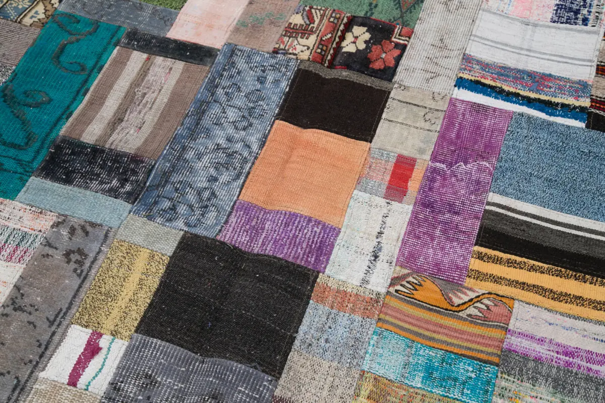 Chaput Patchwork Multi Renk Pamuk Üzerine Yün El Dokuma Kilim-200x300 - Görsel 6