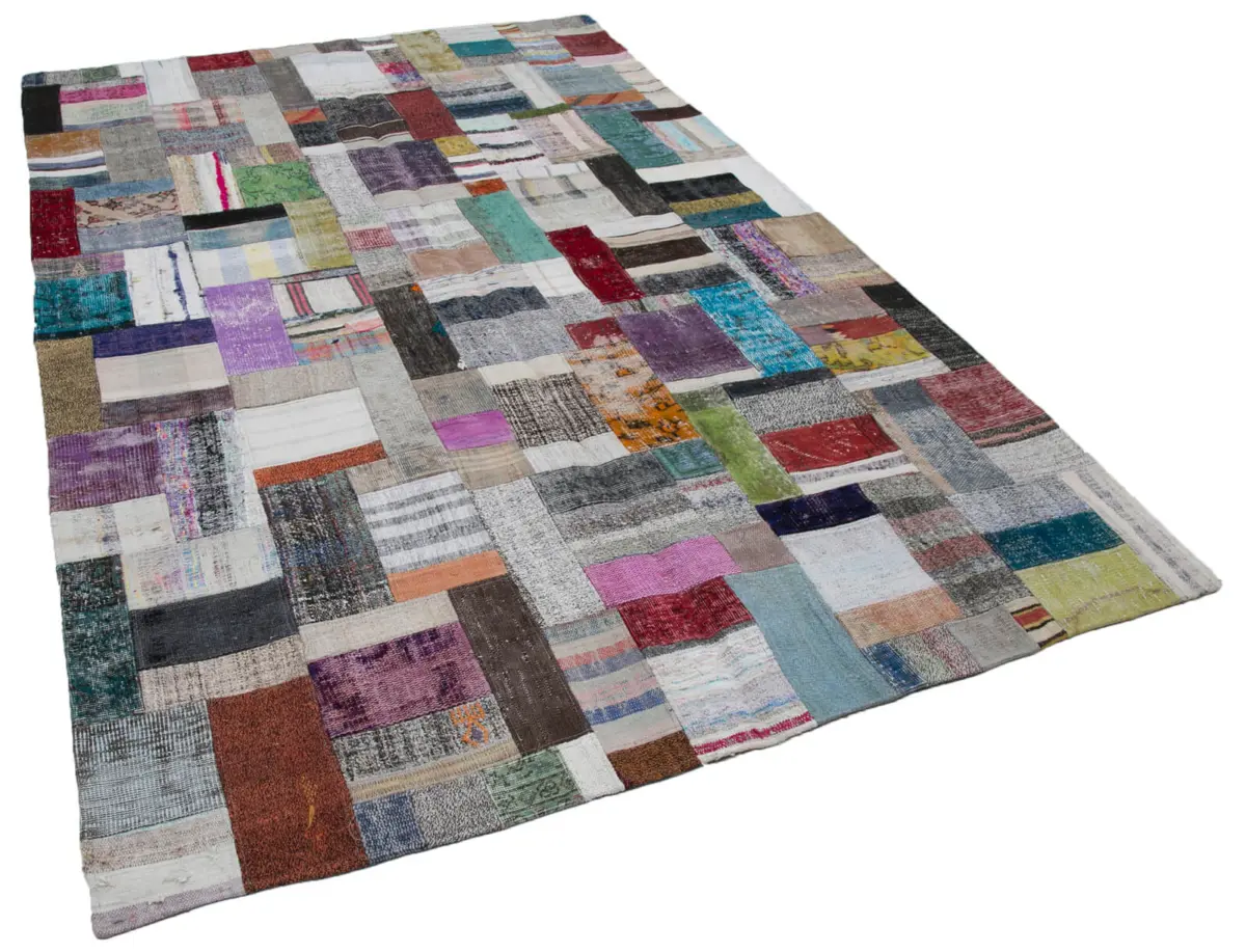 Chaput Patchwork Multi Renk Pamuk Üzerine Yün El Dokuma Kilim-201x305 - Görsel 2