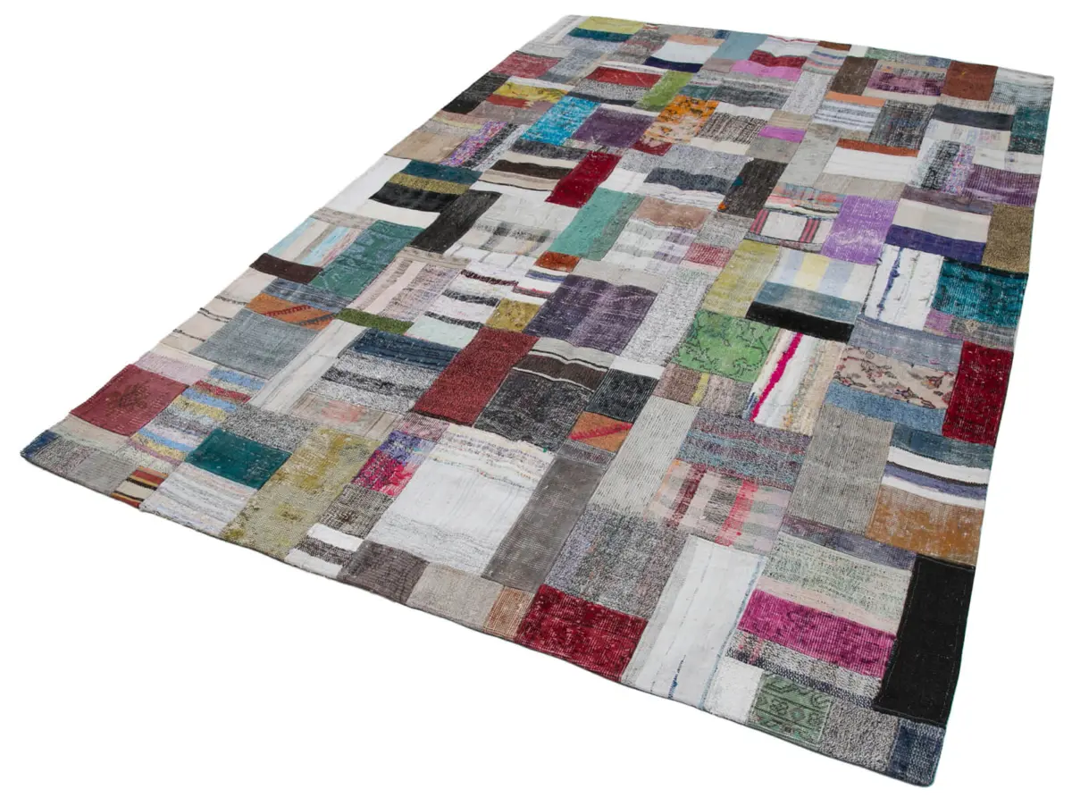 Chaput Patchwork Multi Renk Pamuk Üzerine Yün El Dokuma Kilim-201x305 - Görsel 3