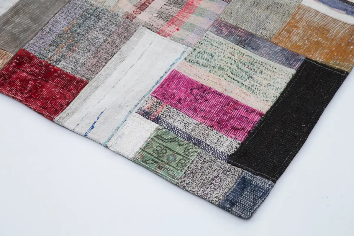 Chaput Patchwork Multi Renk Pamuk Üzerine Yün El Dokuma Kilim-201x305 - Görsel 4
