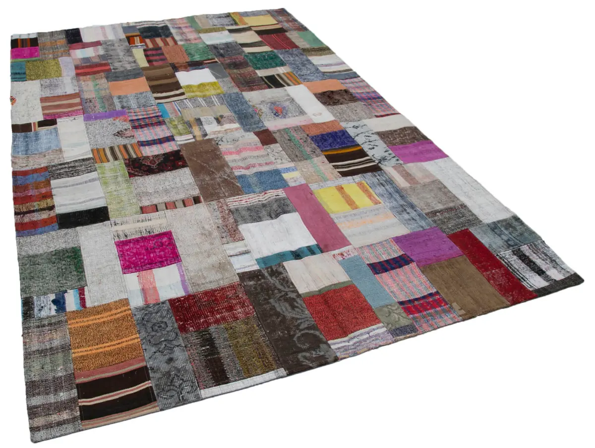 Chaput Patchwork Multi Renk Pamuk Üzerine Yün El Dokuma Kilim-200x300 - Görsel 2