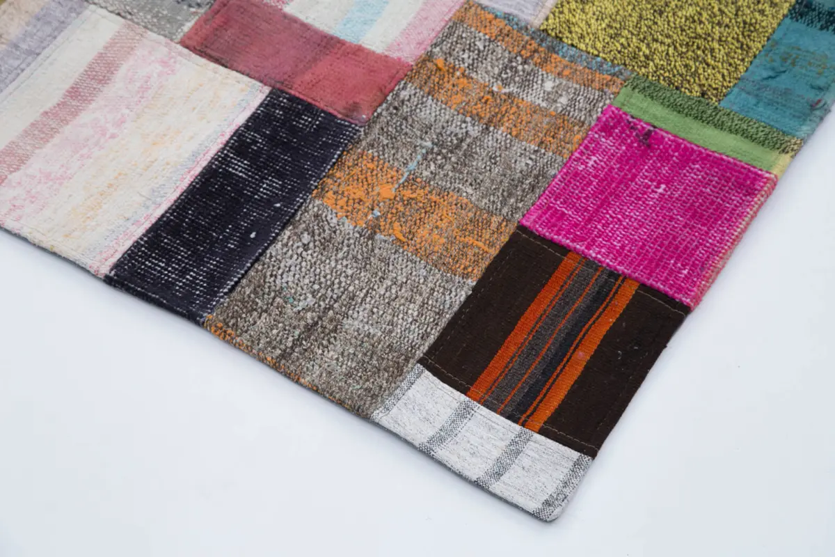 Chaput Patchwork Multi Renk Pamuk Üzerine Yün El Dokuma Kilim-200x300 - Görsel 4