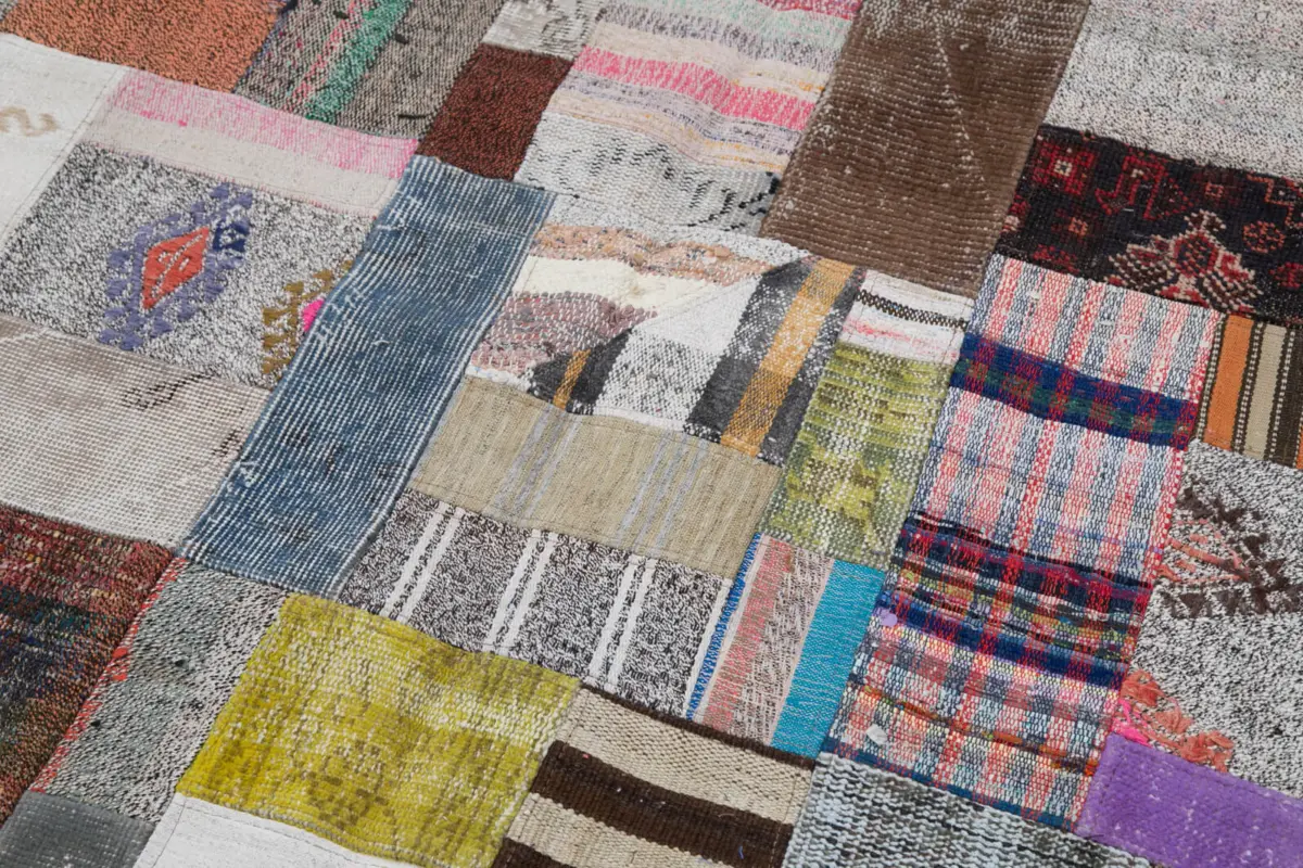 Chaput Patchwork Multi Renk Pamuk Üzerine Yün El Dokuma Kilim-200x300 - Görsel 6