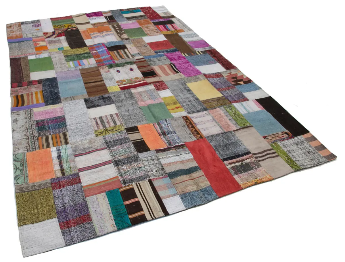 Chaput Patchwork Multi Renk Pamuk Üzerine Yün El Dokuma Kilim-200x300 - Görsel 2
