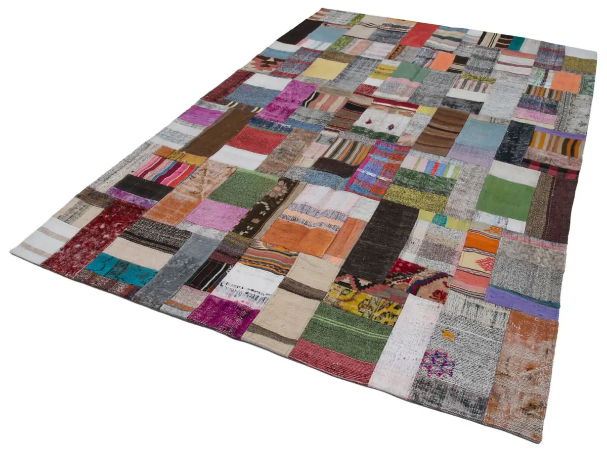 Chaput Patchwork Multi Renk Pamuk Üzerine Yün El Dokuma Kilim-200x300 - Görsel 3