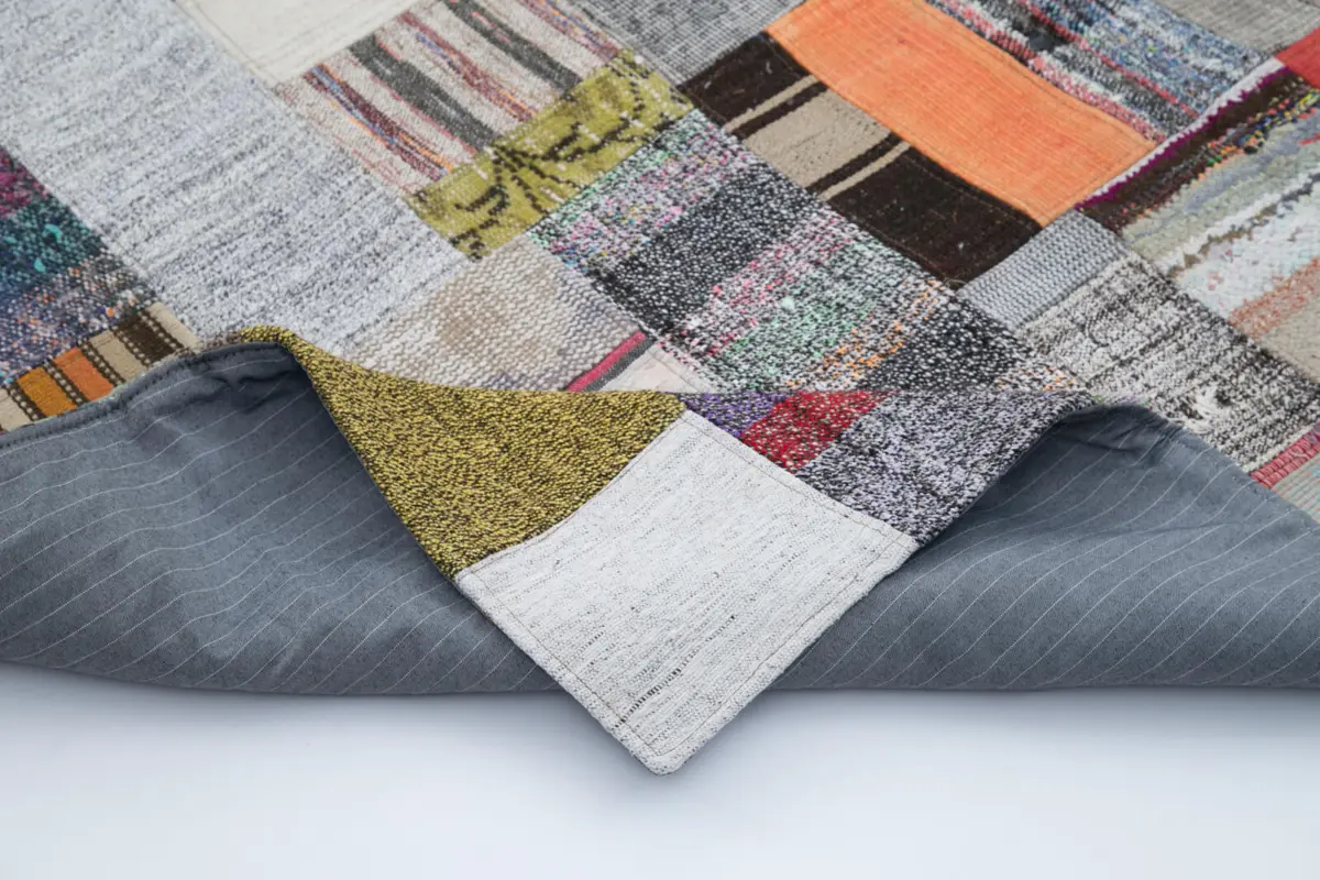 Chaput Patchwork Multi Renk Pamuk Üzerine Yün El Dokuma Kilim-200x300 - Görsel 5