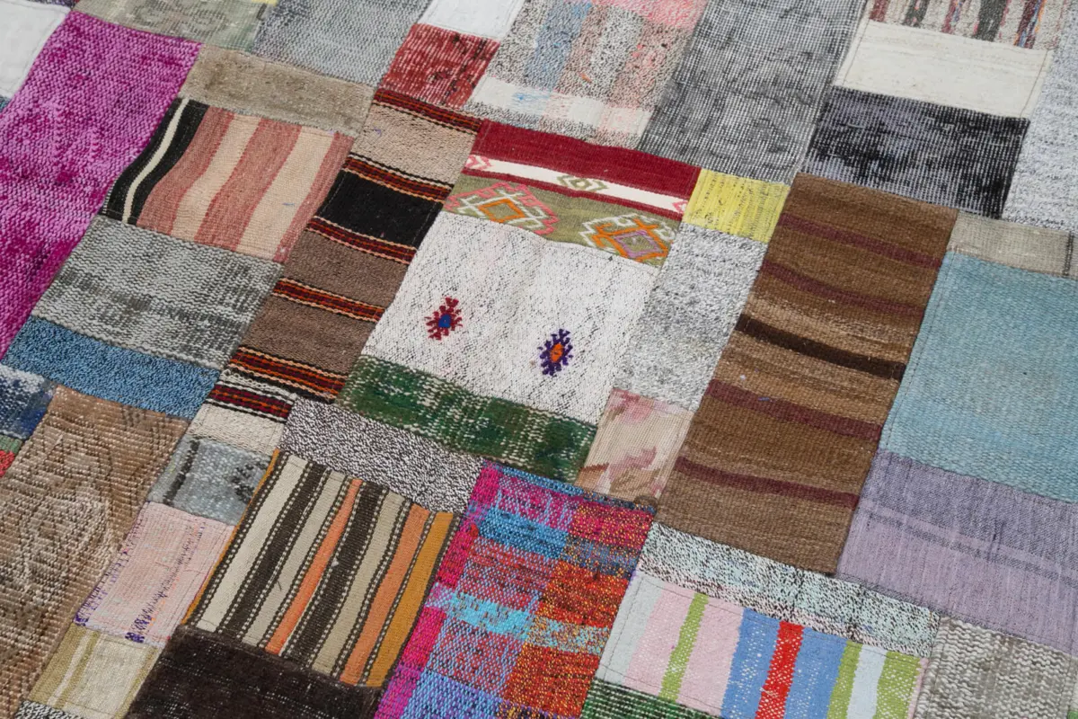 Chaput Patchwork Multi Renk Pamuk Üzerine Yün El Dokuma Kilim-200x300 - Görsel 6