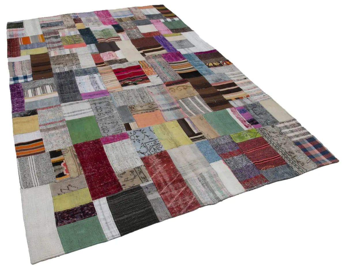 Chaput Patchwork Multi Renk Pamuk Üzerine Yün El Dokuma Kilim-200x300 - Görsel 2