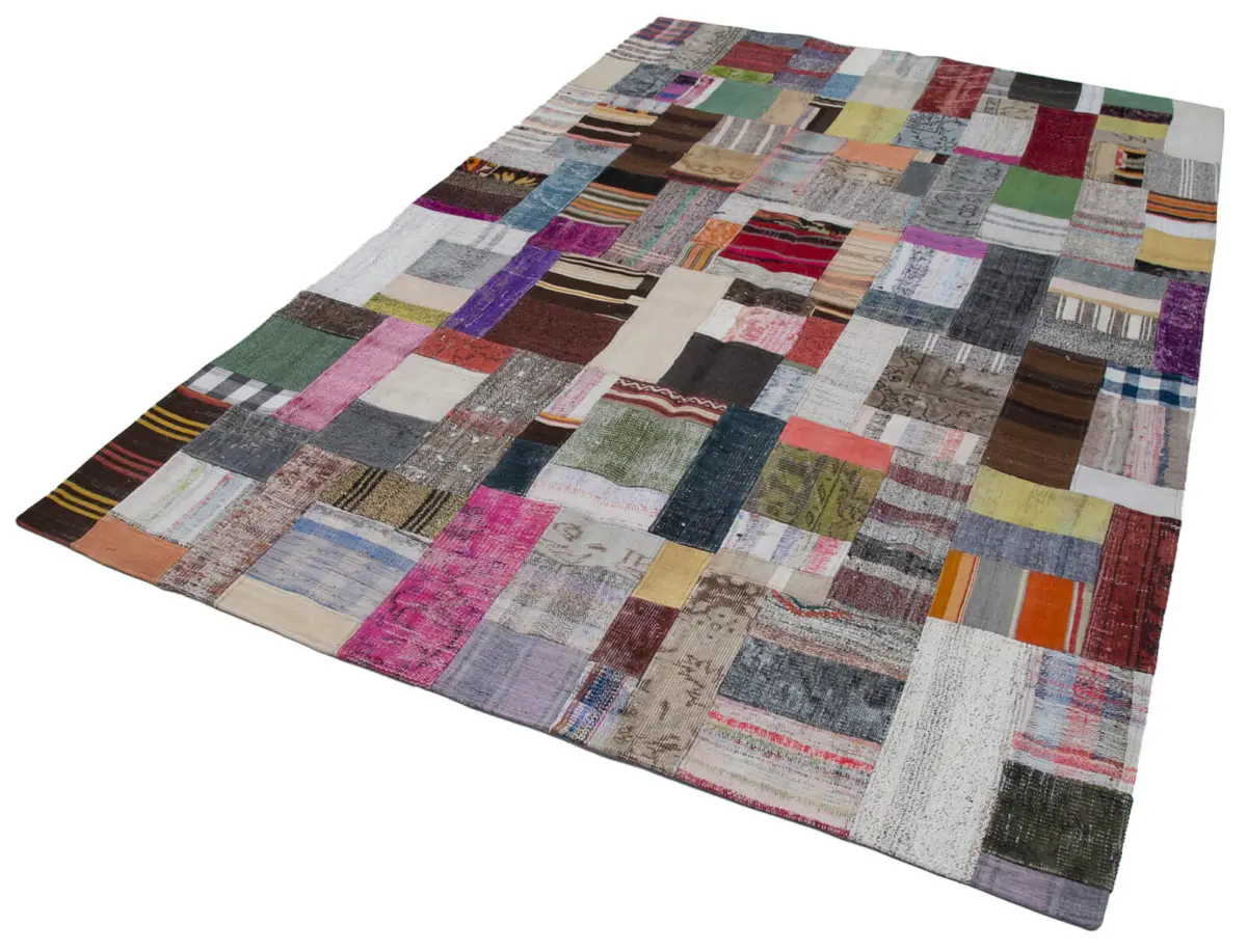 Chaput Patchwork Multi Renk Pamuk Üzerine Yün El Dokuma Kilim-200x300 - Görsel 3