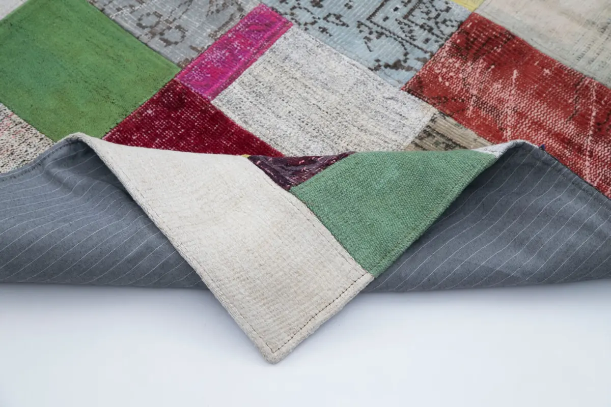 Chaput Patchwork Multi Renk Pamuk Üzerine Yün El Dokuma Kilim-200x300 - Görsel 5
