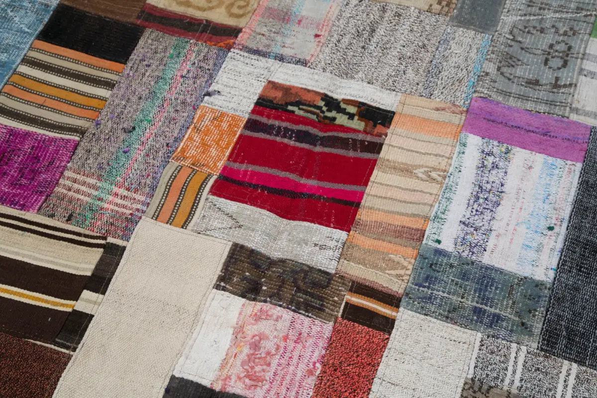 Chaput Patchwork Multi Renk Pamuk Üzerine Yün El Dokuma Kilim-200x300 - Görsel 6