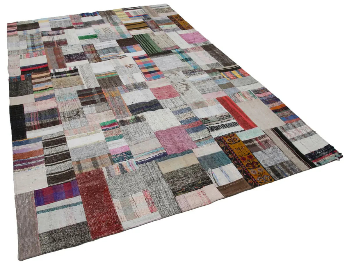 Chaput Patchwork Multi Renk Pamuk Üzerine Yün El Dokuma Kilim-205x306 - Görsel 2
