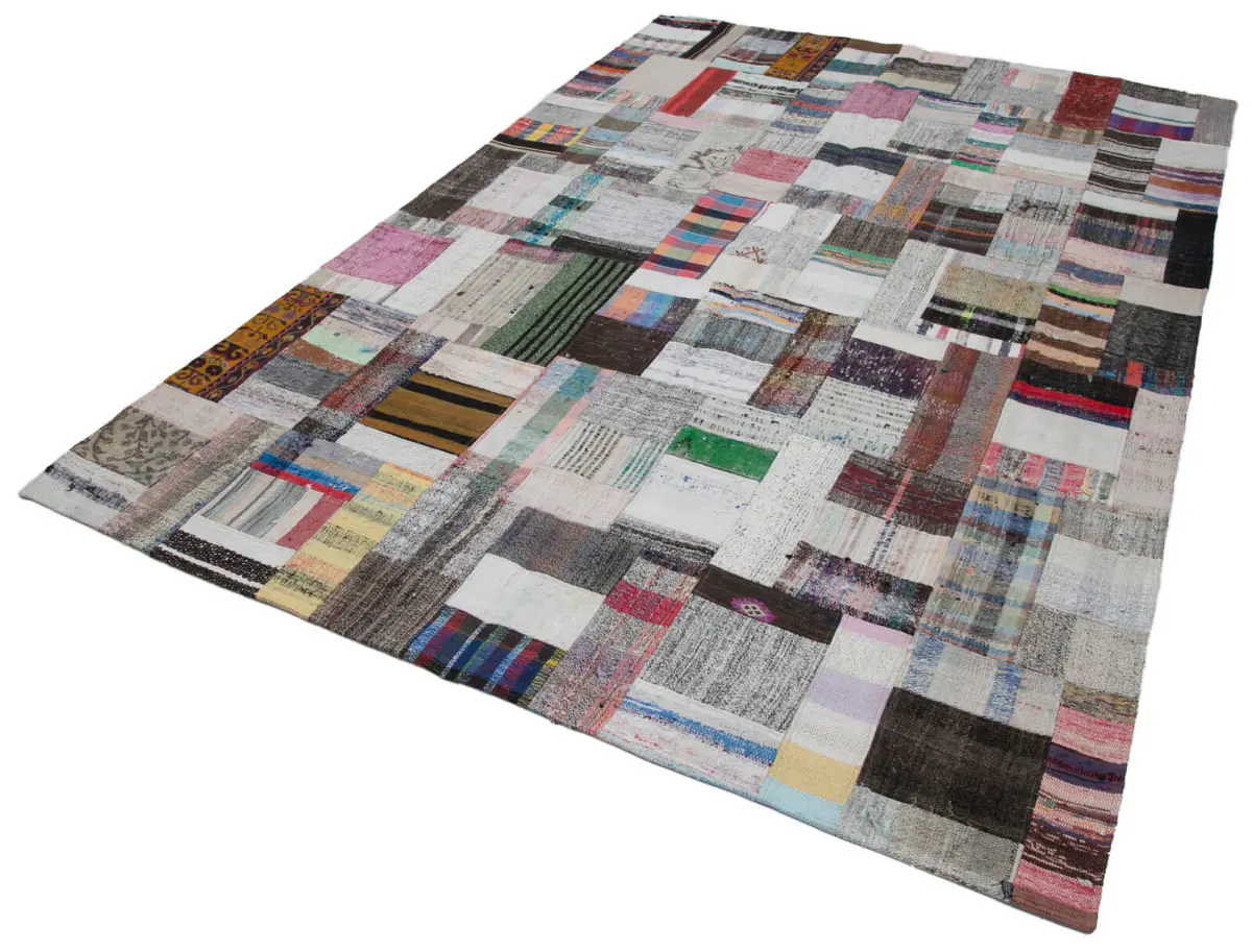 Chaput Patchwork Multi Renk Pamuk Üzerine Yün El Dokuma Kilim-205x306 - Görsel 3