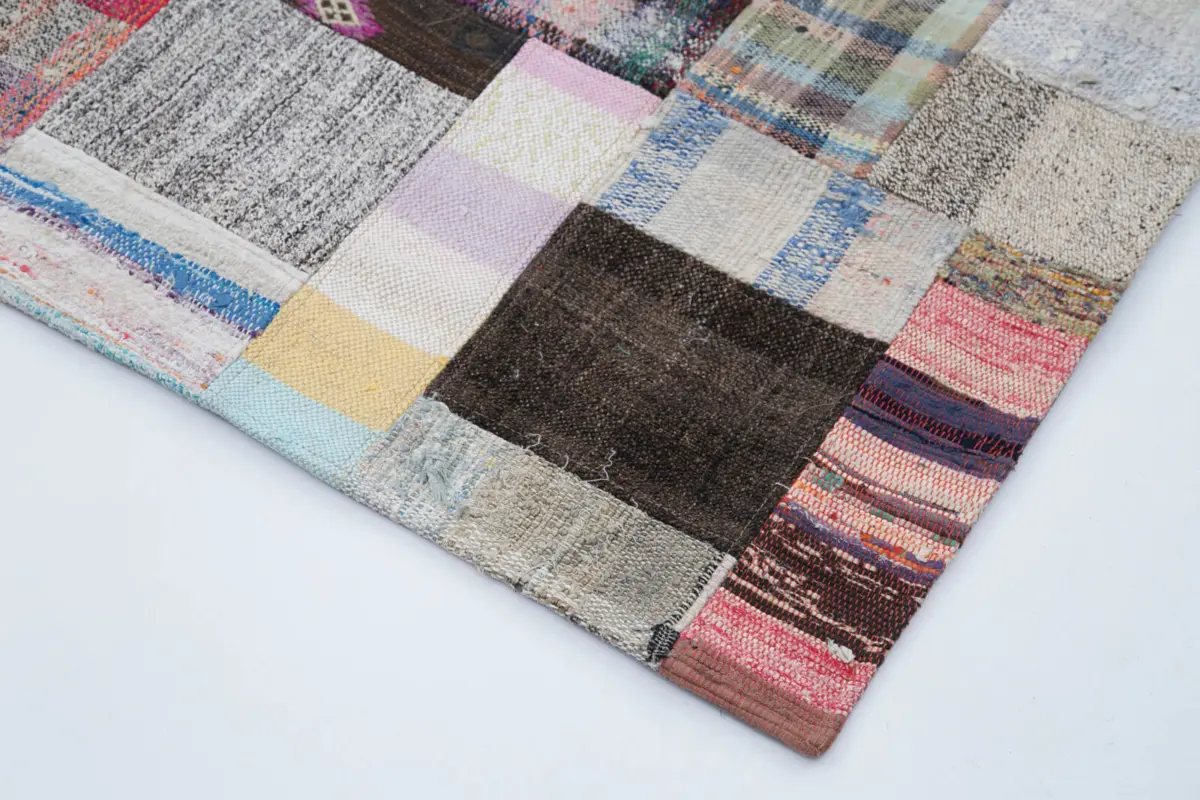 Chaput Patchwork Multi Renk Pamuk Üzerine Yün El Dokuma Kilim-205x306 - Görsel 4