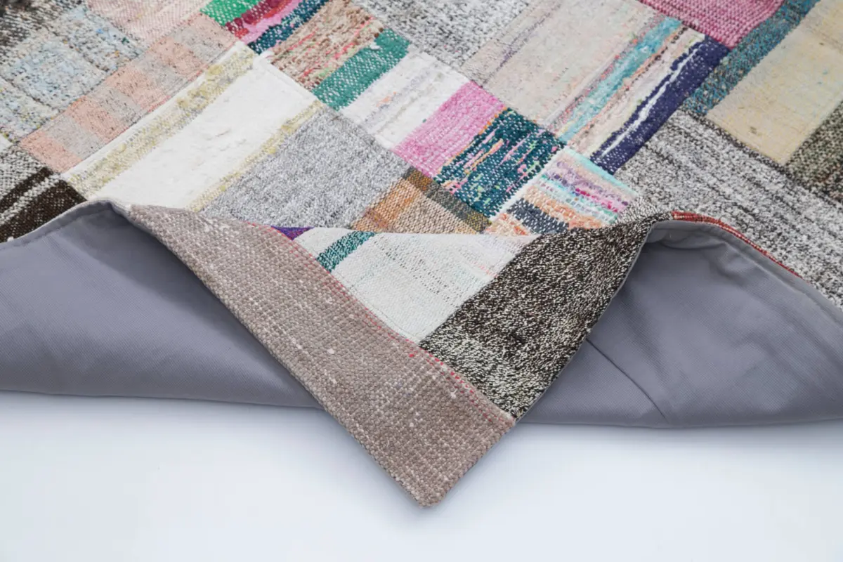 Chaput Patchwork Multi Renk Pamuk Üzerine Yün El Dokuma Kilim-205x306 - Görsel 5