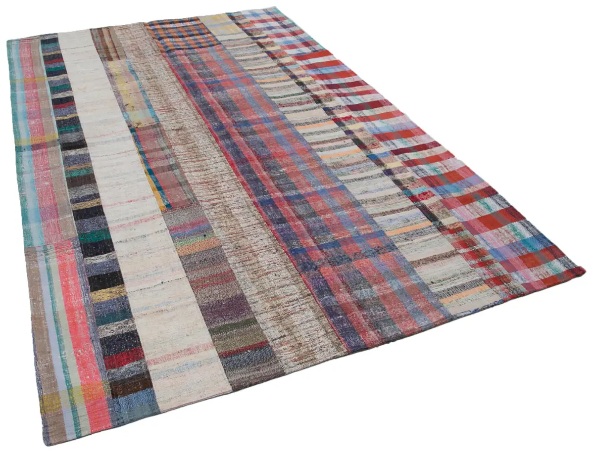 Chaput Patchwork Multi Renk Pamuk Üzerine Yün El Dokuma Kilim-198x302 - Görsel 2