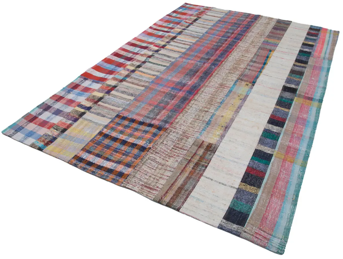 Chaput Patchwork Multi Renk Pamuk Üzerine Yün El Dokuma Kilim-198x302 - Görsel 3