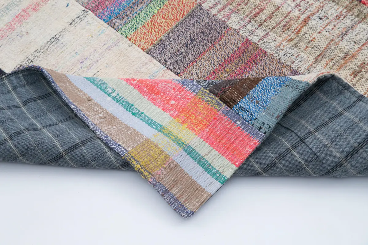 Chaput Patchwork Multi Renk Pamuk Üzerine Yün El Dokuma Kilim-198x302 - Görsel 5