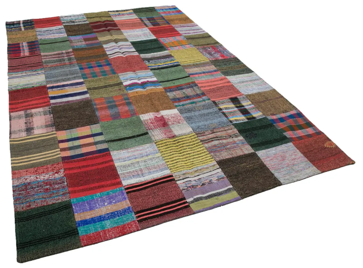 Chaput Patchwork Multi Renk Pamuk Üzerine Yün El Dokuma Kilim-209x302 - Görsel 2