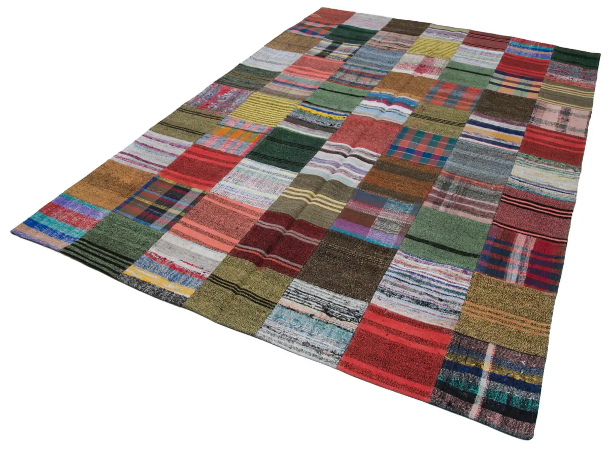 Chaput Patchwork Multi Renk Pamuk Üzerine Yün El Dokuma Kilim-209x302 - Görsel 3