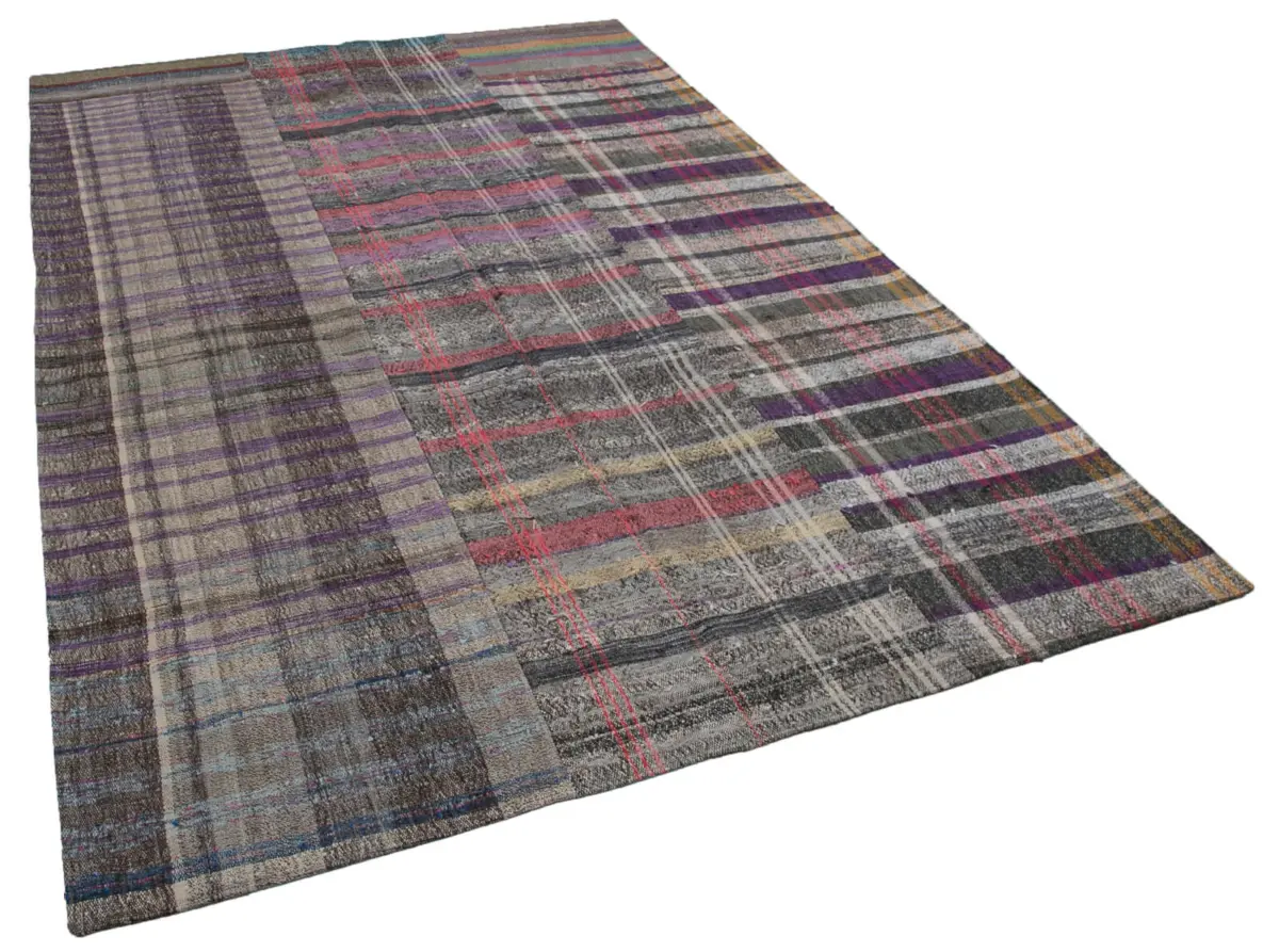 Chaput Patchwork Multi Renk Pamuk Üzerine Yün El Dokuma Kilim-205x304 - Görsel 2