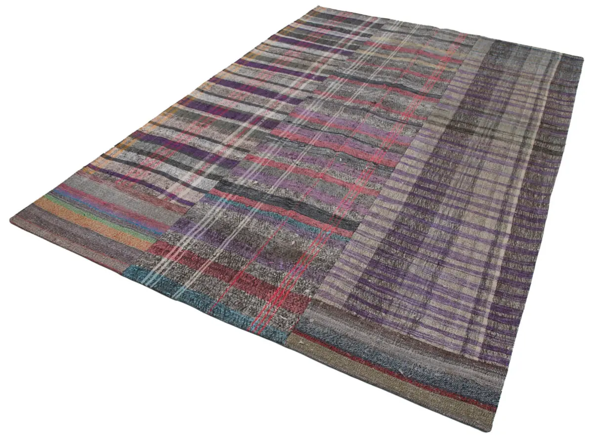 Chaput Patchwork Multi Renk Pamuk Üzerine Yün El Dokuma Kilim-205x304 - Görsel 3