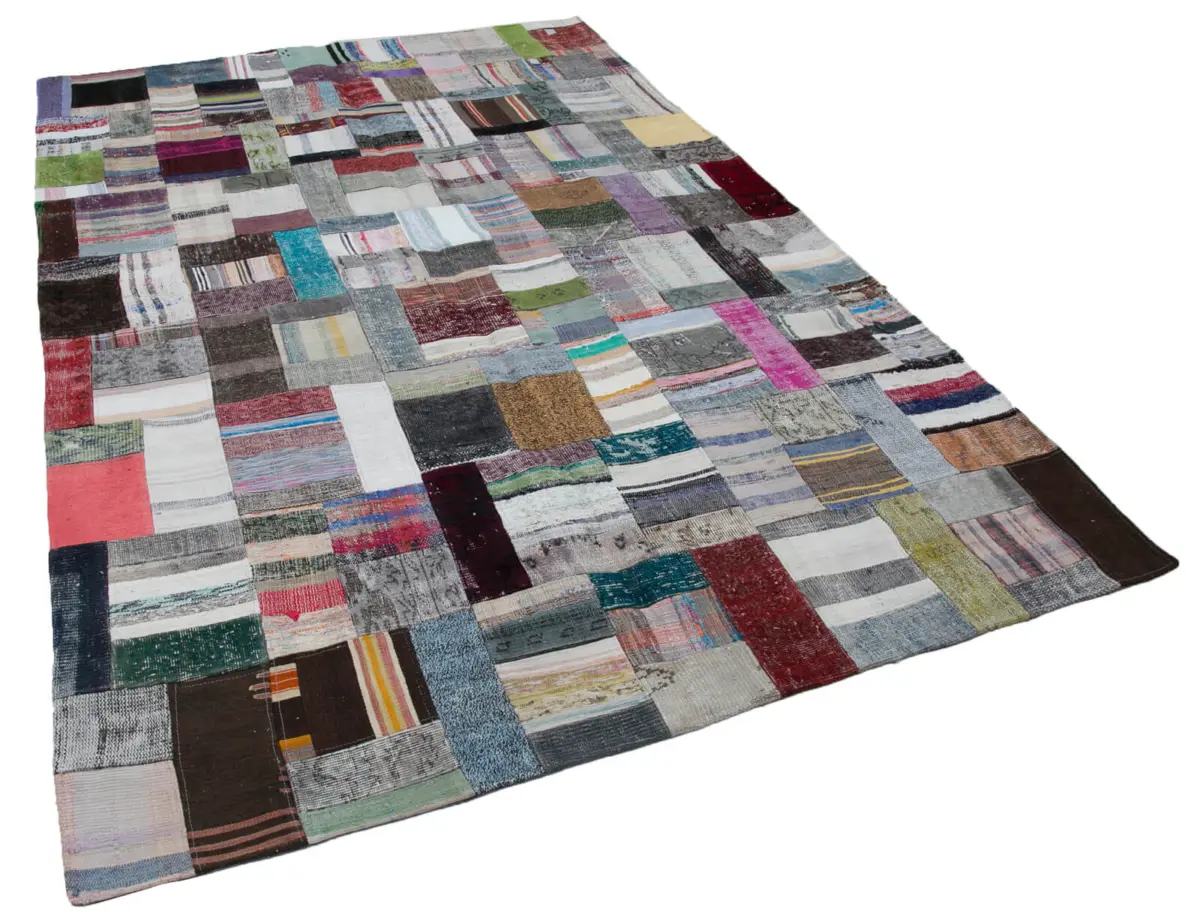 Chaput Patchwork Multi Renk Pamuk Üzerine Yün El Dokuma Kilim-200x305 - Görsel 2