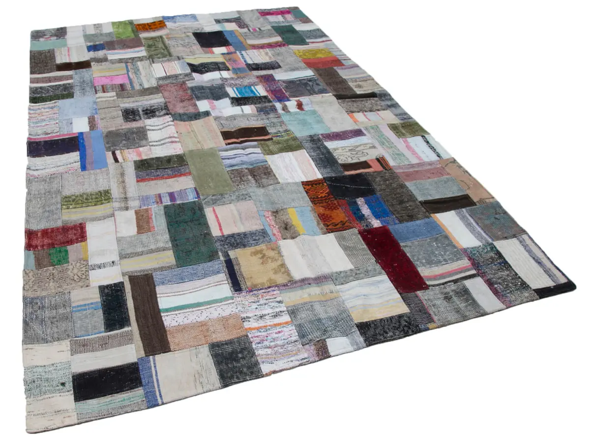 Chaput Patchwork Multi Renk Pamuk Üzerine Yün El Dokuma Kilim-200x300 - Görsel 2