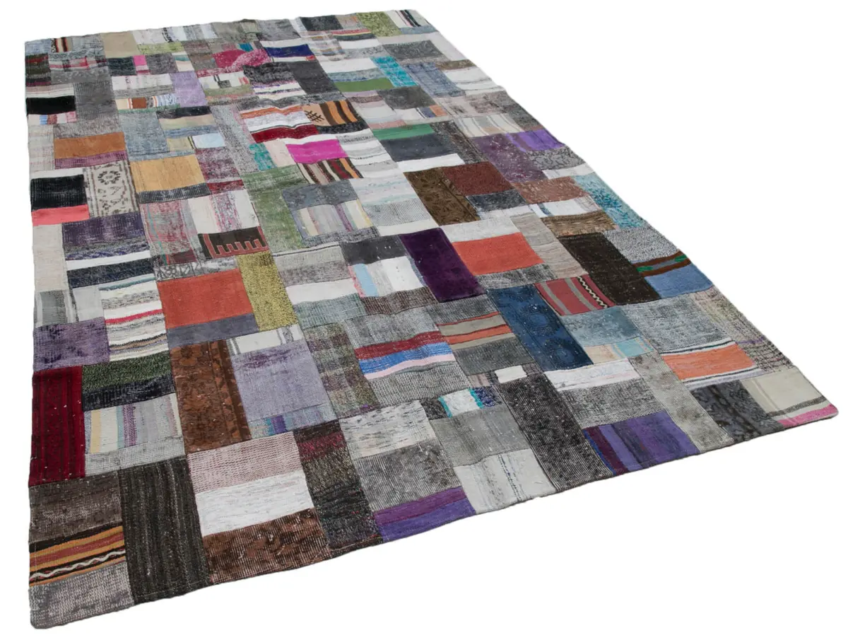 Chaput Patchwork Multi Renk Pamuk Üzerine Yün El Dokuma Kilim-200x301 - Görsel 2