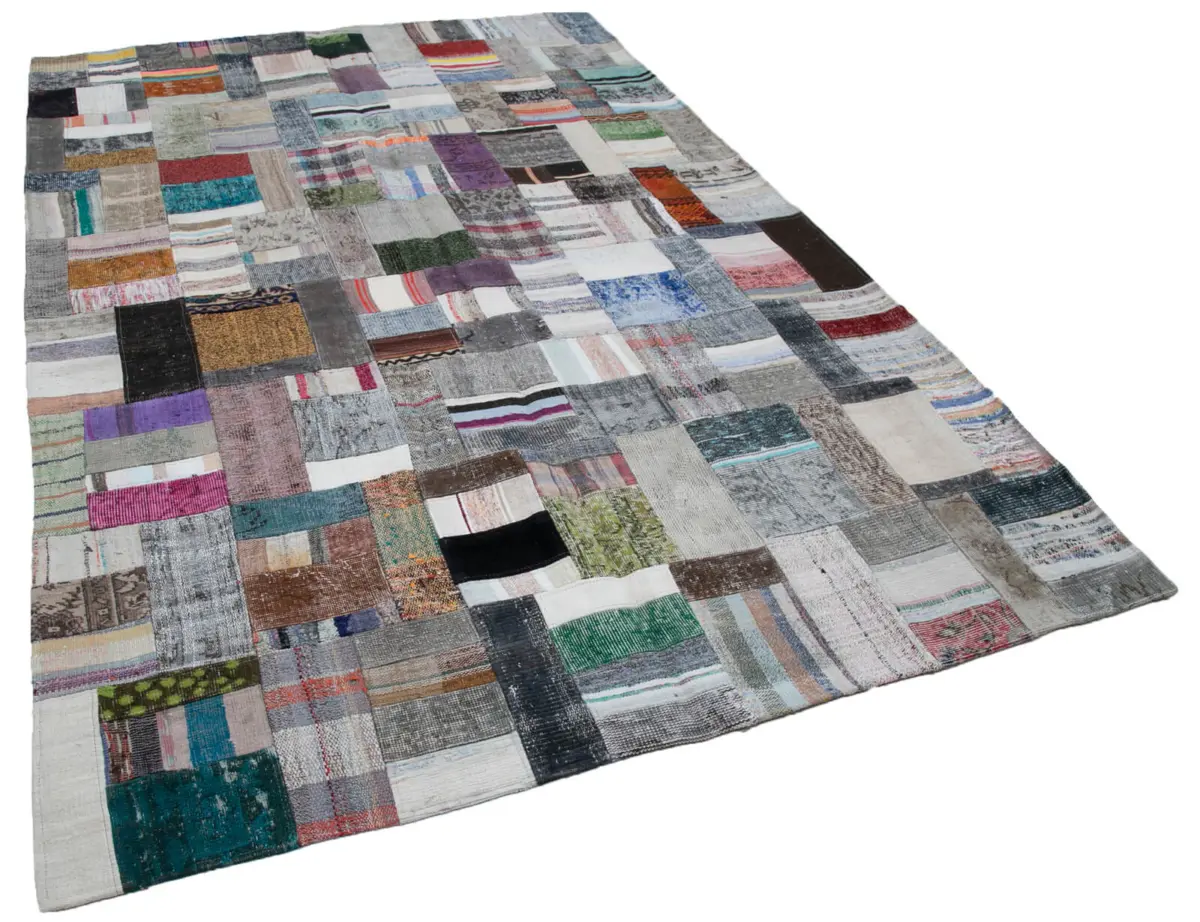 Chaput Patchwork Multi Renk Pamuk Üzerine Yün El Dokuma Kilim-200x300 - Görsel 2