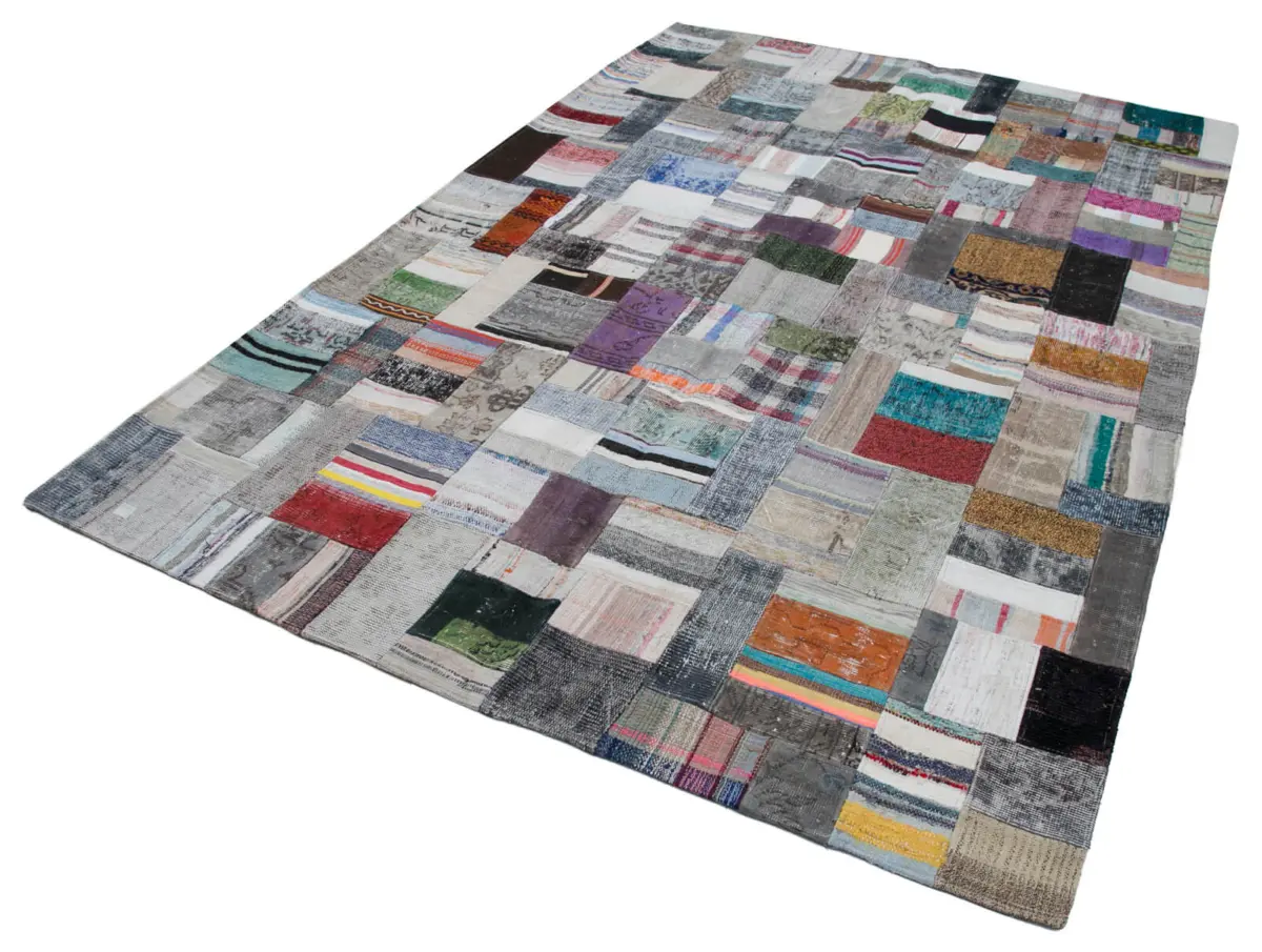 Chaput Patchwork Multi Renk Pamuk Üzerine Yün El Dokuma Kilim-200x300 - Görsel 3