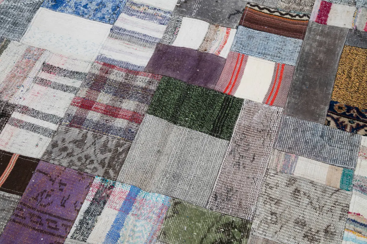 Chaput Patchwork Multi Renk Pamuk Üzerine Yün El Dokuma Kilim-200x300 - Görsel 6