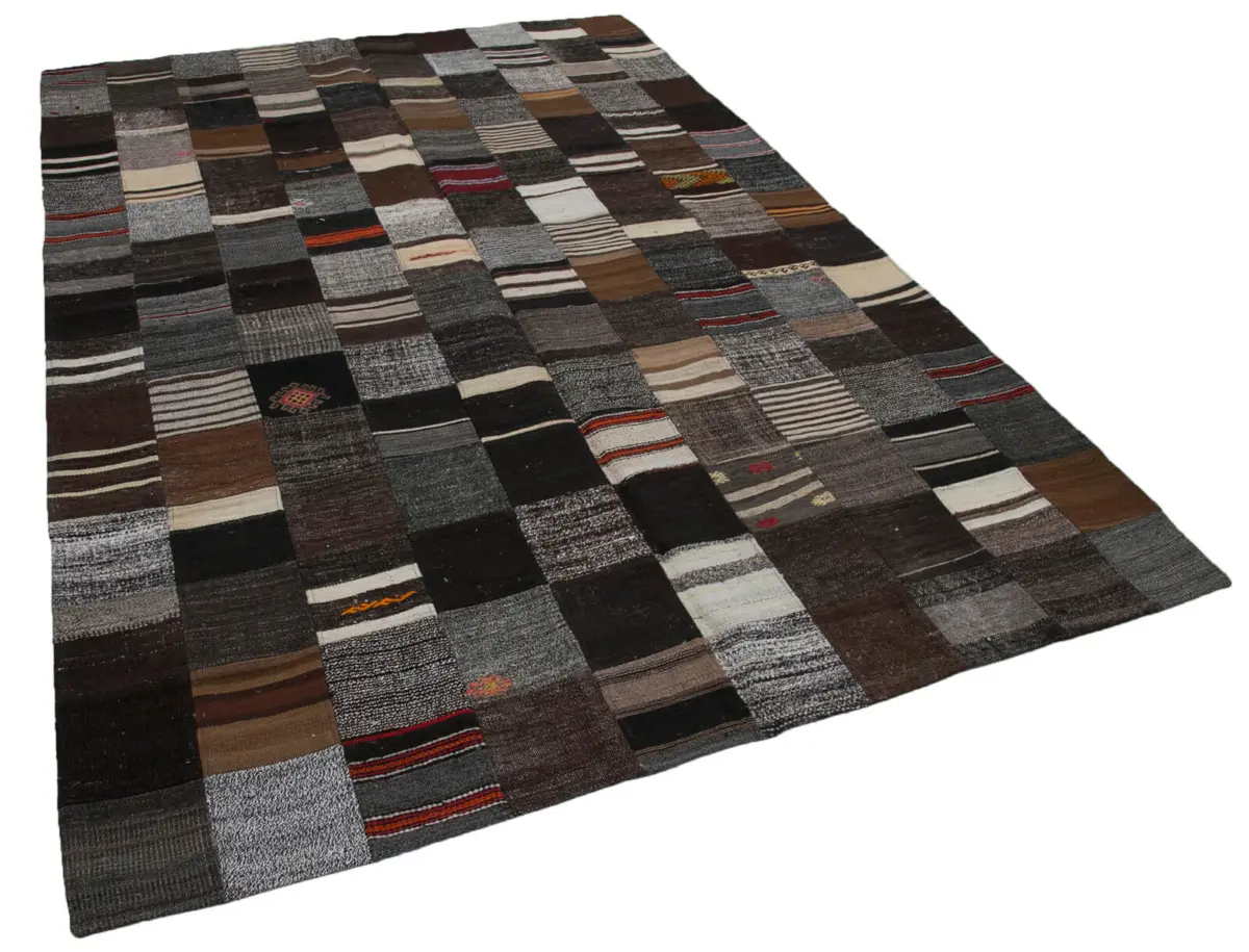 Chaput Patchwork Multi Renk Pamuk Üzerine Yün El Dokuma Kilim-201x300 - Görsel 2