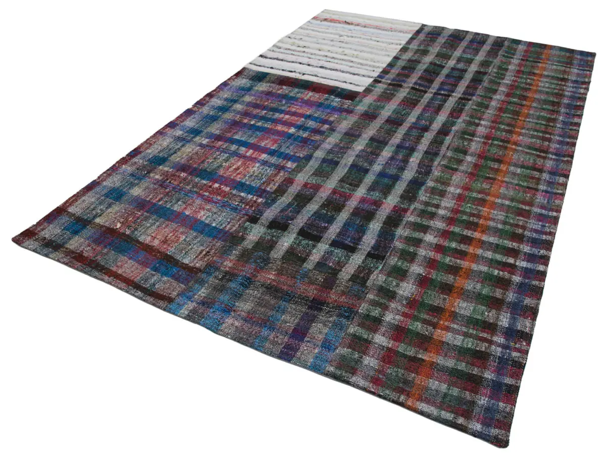 Chaput Patchwork Multi Renk Pamuk Üzerine Yün El Dokuma Kilim-200x300 - Görsel 3
