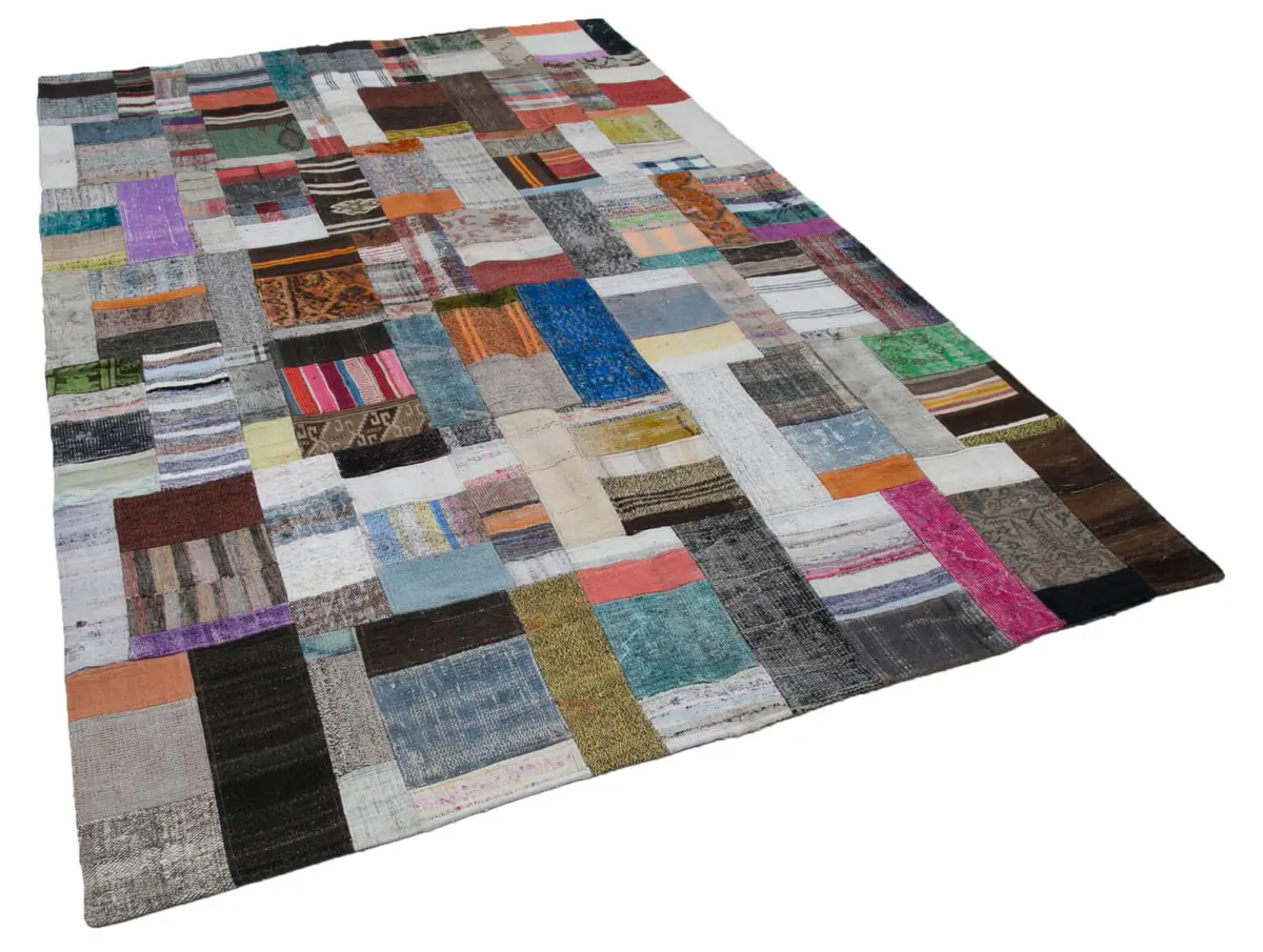 Chaput Patchwork Multi Renk Pamuk Üzerine Yün El Dokuma Kilim-200x305 - Görsel 2