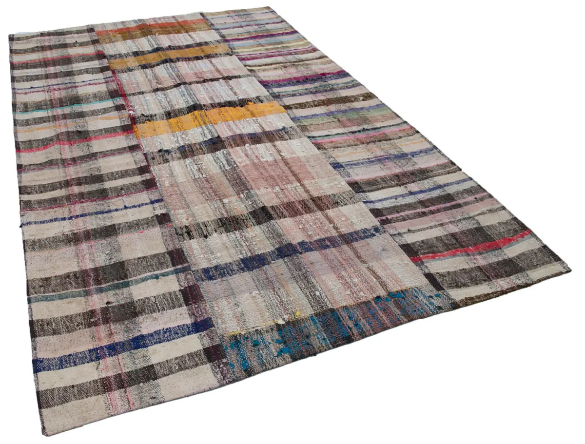 Chaput Patchwork Multi Renk Pamuk Üzerine Yün El Dokuma Kilim-200x310 - Görsel 2