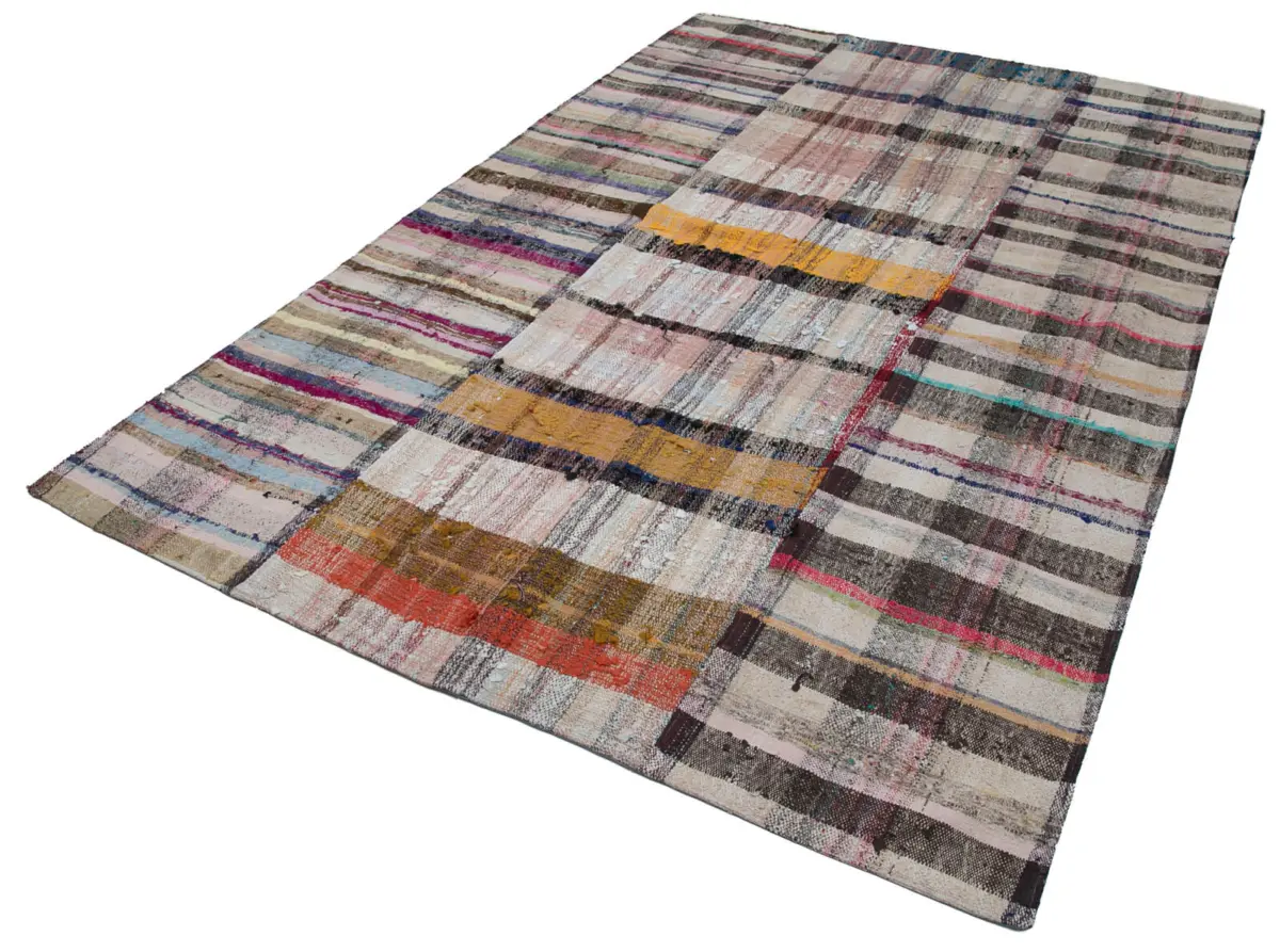 Chaput Patchwork Multi Renk Pamuk Üzerine Yün El Dokuma Kilim-200x310 - Görsel 3