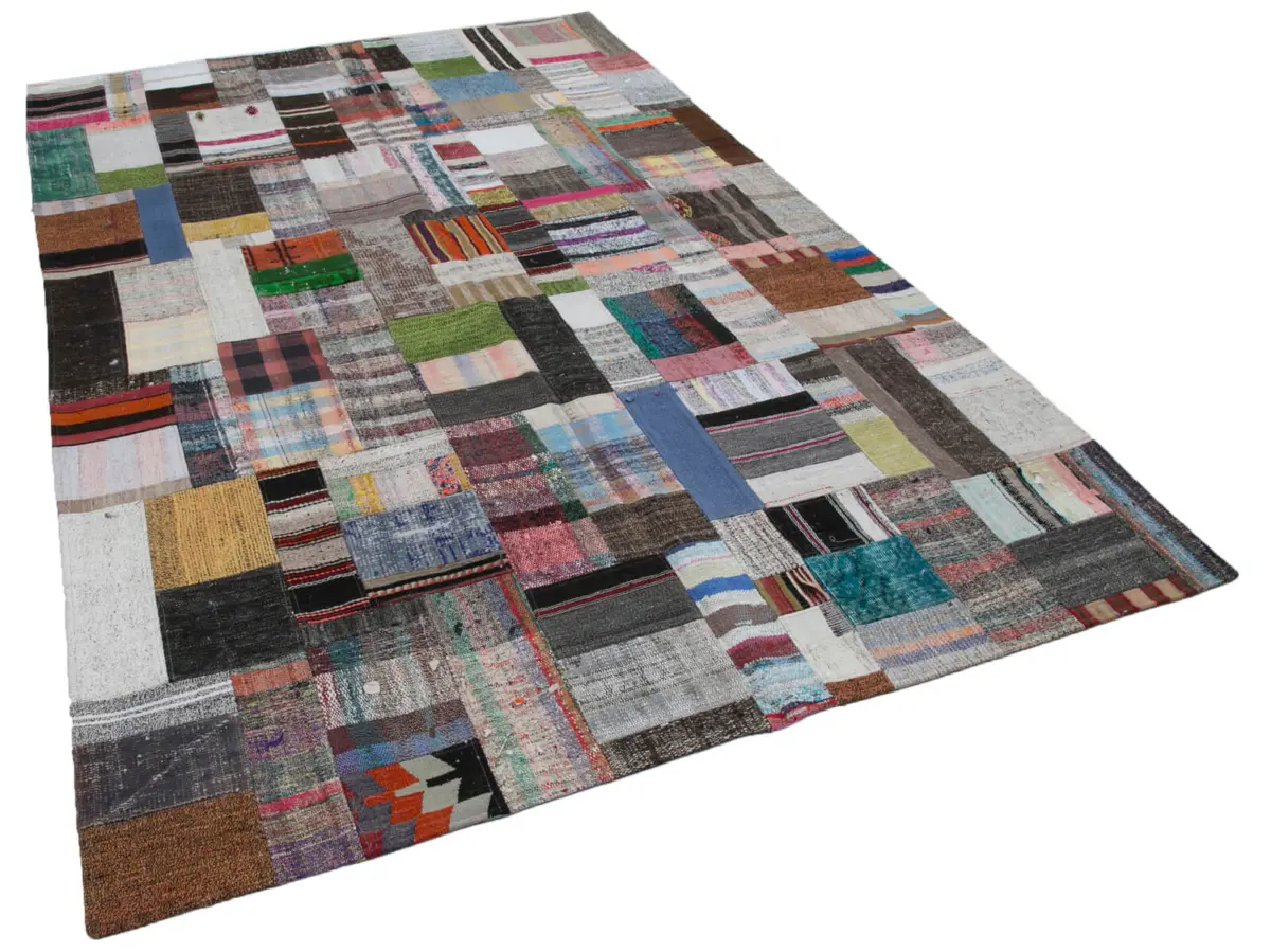 Chaput Patchwork Multi Renk Pamuk Üzerine Yün El Dokuma Kilim-197x300 - Görsel 2