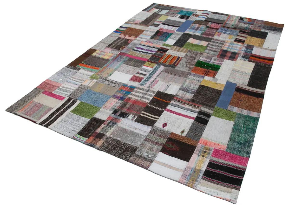 Chaput Patchwork Multi Renk Pamuk Üzerine Yün El Dokuma Kilim-197x300 - Görsel 3