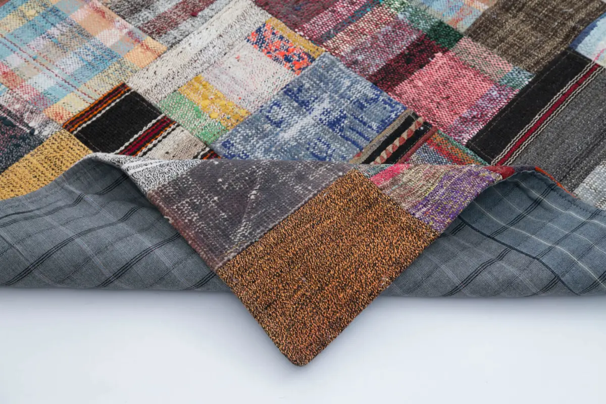 Chaput Patchwork Multi Renk Pamuk Üzerine Yün El Dokuma Kilim-197x300 - Görsel 5