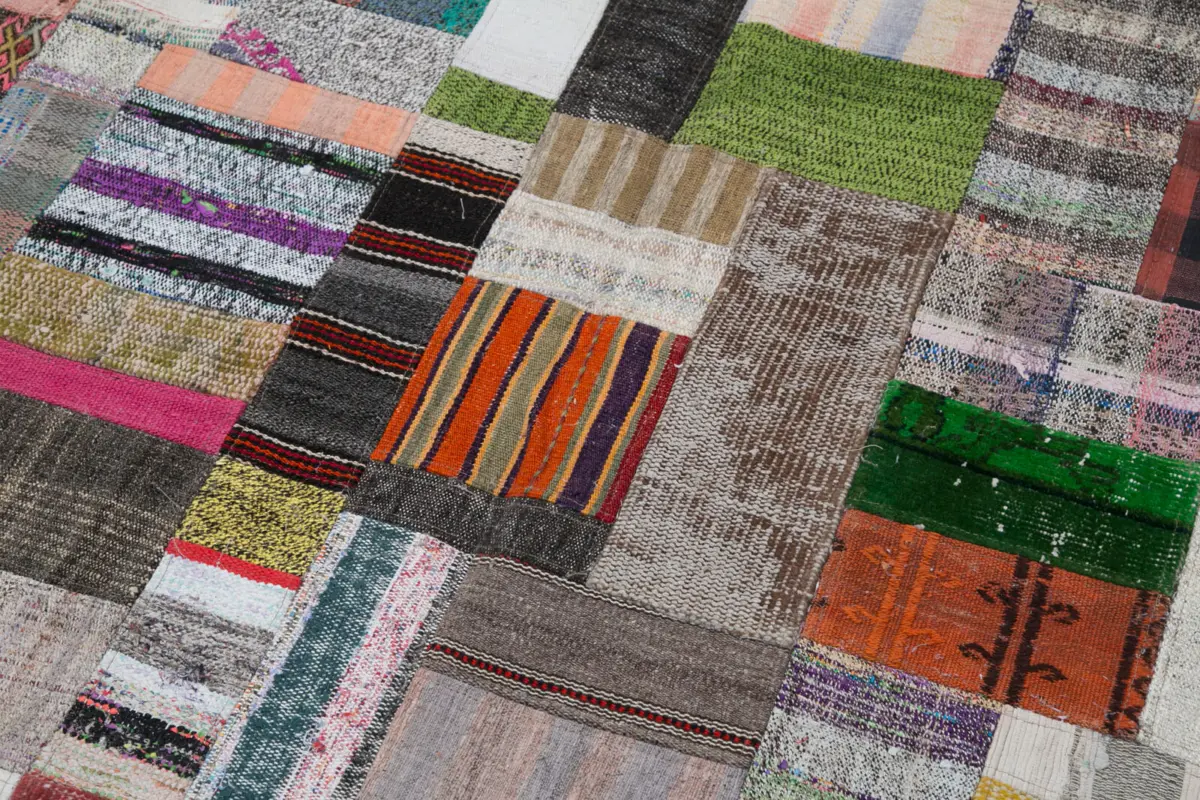 Chaput Patchwork Multi Renk Pamuk Üzerine Yün El Dokuma Kilim-197x300 - Görsel 6