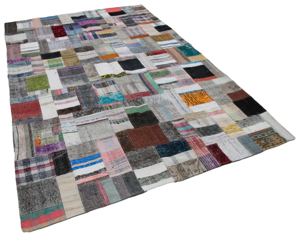 Chaput Patchwork Multi Renk Pamuk Üzerine Yün El Dokuma Kilim-201x303 - Görsel 2
