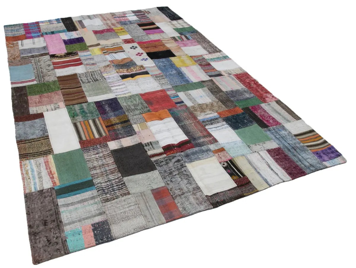 Chaput Patchwork Multi Renk Pamuk Üzerine Yün El Dokuma Kilim-200x300 - Görsel 2