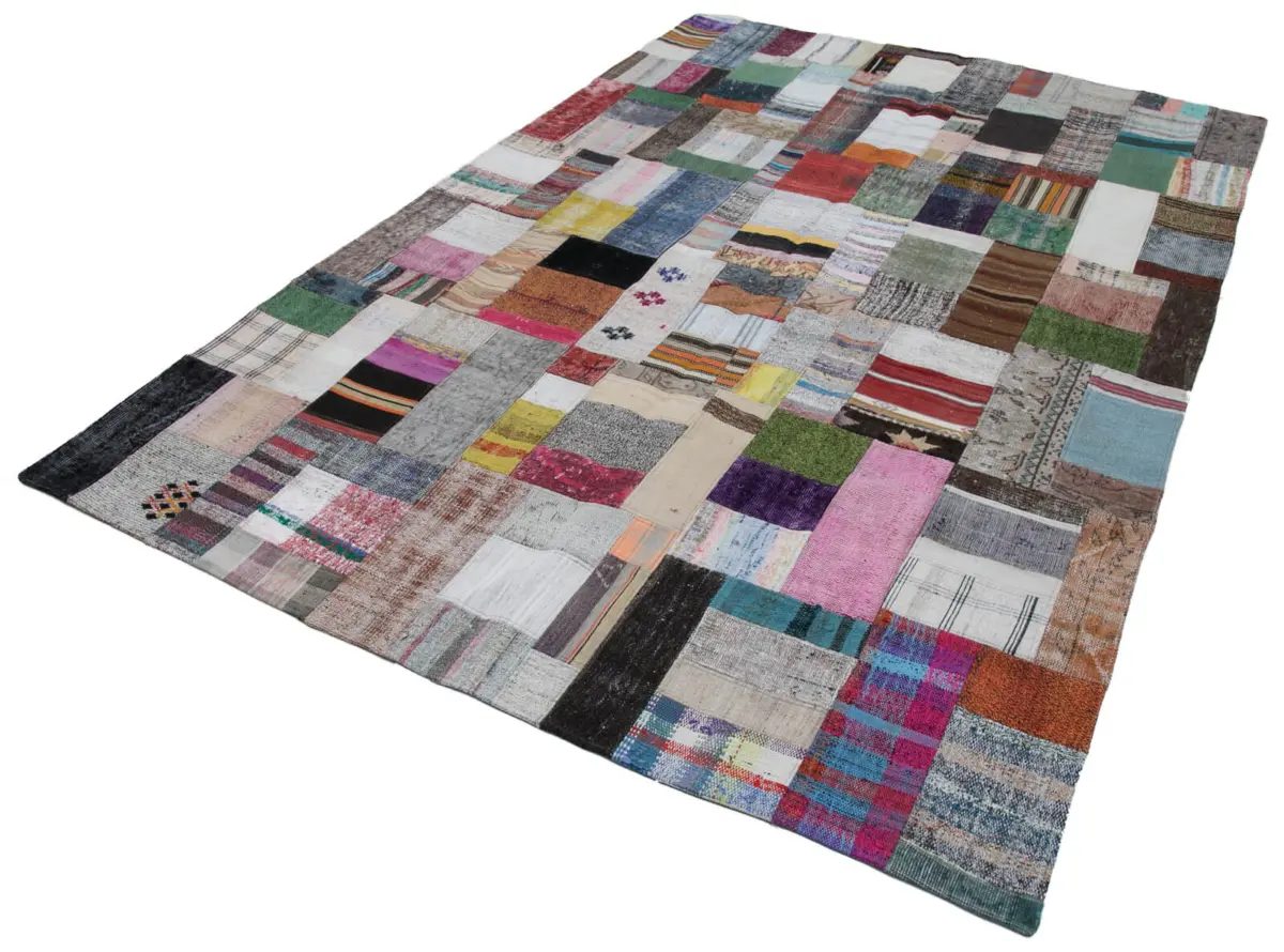 Chaput Patchwork Multi Renk Pamuk Üzerine Yün El Dokuma Kilim-200x300 - Görsel 3