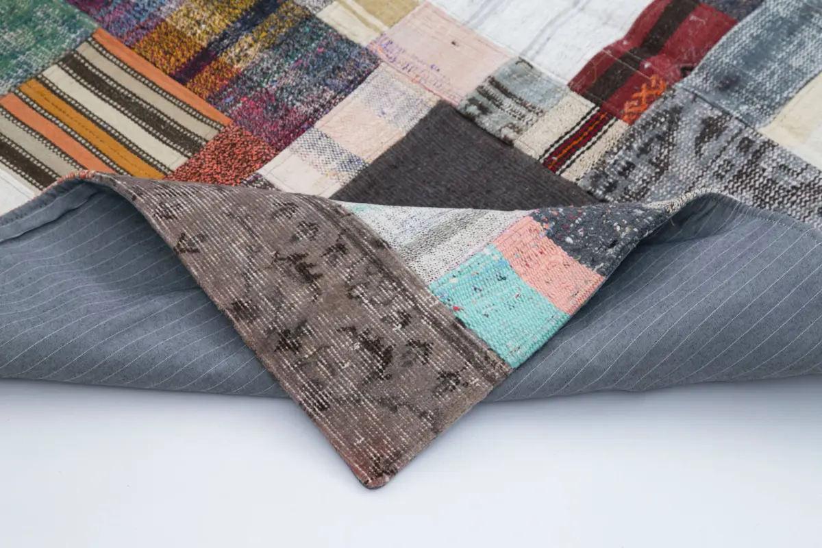 Chaput Patchwork Multi Renk Pamuk Üzerine Yün El Dokuma Kilim-200x300 - Görsel 5