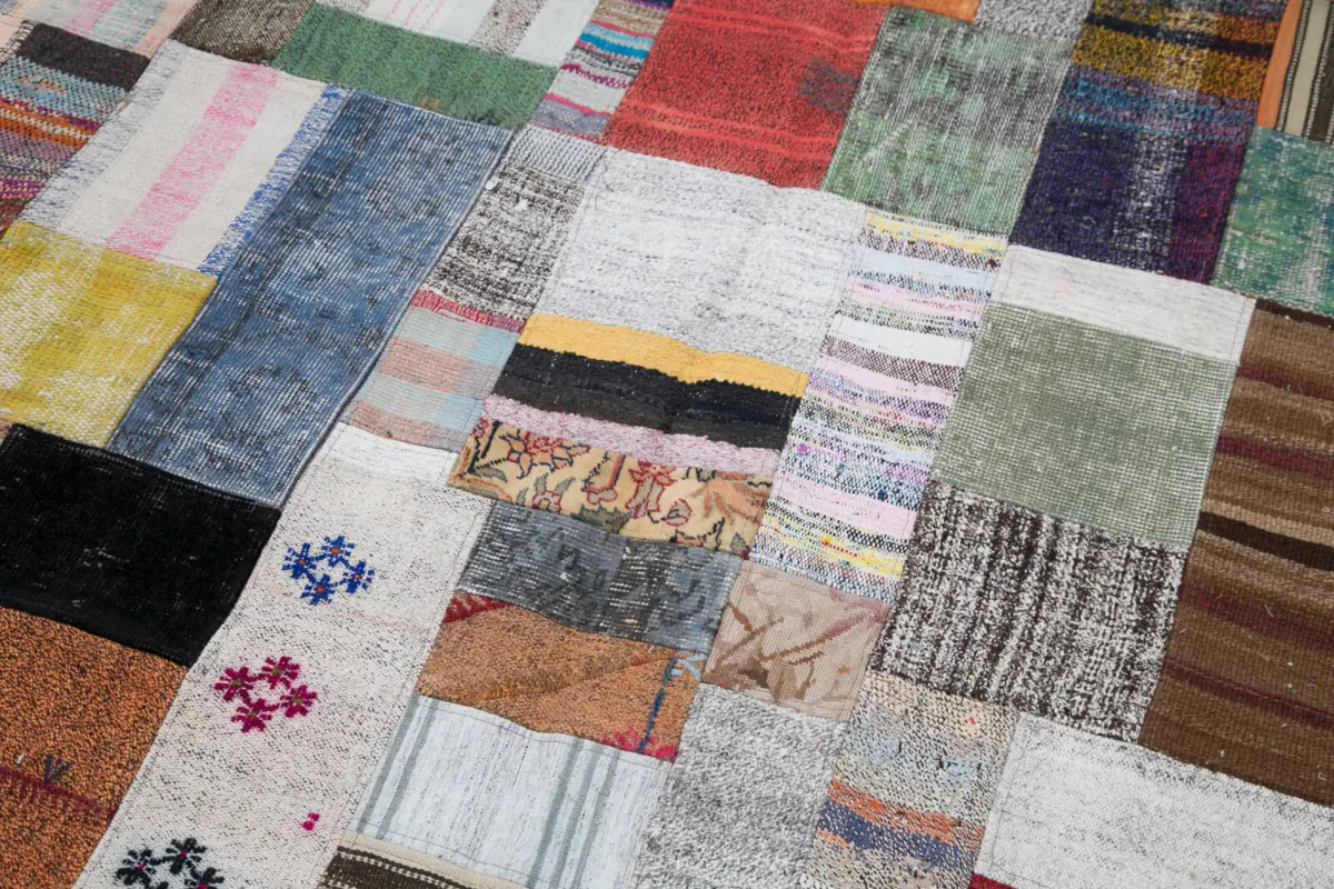 Chaput Patchwork Multi Renk Pamuk Üzerine Yün El Dokuma Kilim-200x300 - Görsel 6