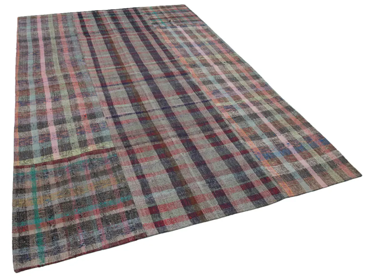 Chaput Patchwork Multi Renk Pamuk Üzerine Yün El Dokuma Kilim-203x300 - Görsel 2