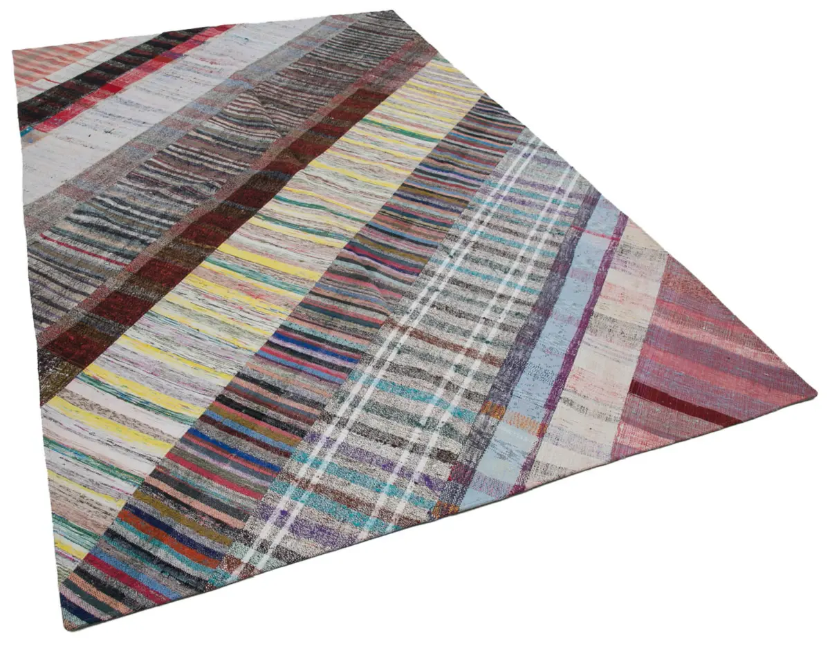 Chaput Patchwork Multi Renk Pamuk Üzerine Yün El Dokuma Kilim-199x308 - Görsel 2